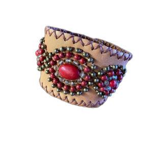 Women's Tan and Red Leather Cuff Bracelet